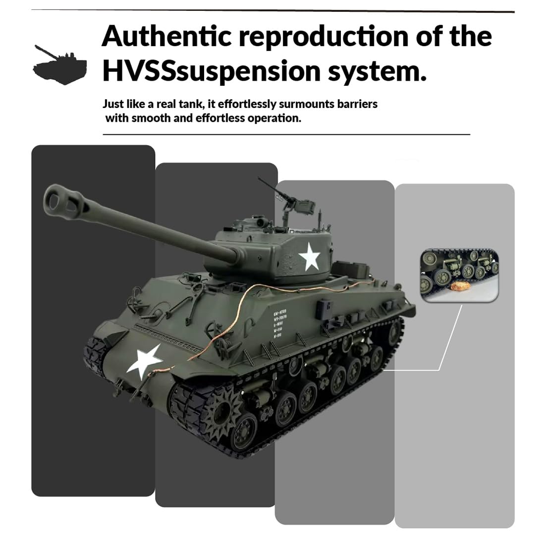 Czołg RC, 1:16 M4A3 Sherman VVSS wczesny zdalnie sterowany czołg z metalowymi gąsienicami, wieżą 360°, dymem, dźwiękiem i systemem bitwy na podczerwień, wojskowy pojazd RC 2,4 GHz dla