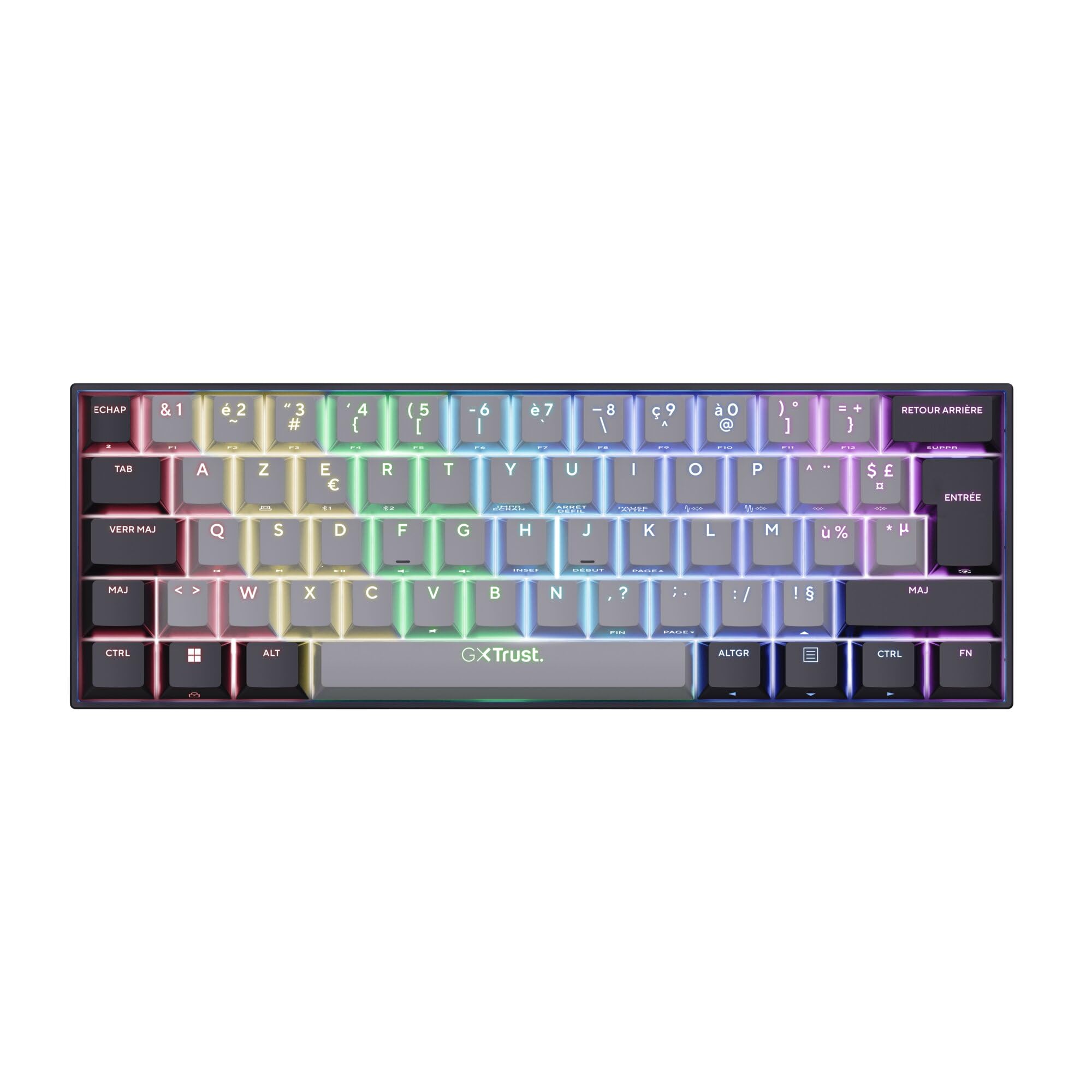 GXTrust Revyn 60% Clavier Mécanique sans Fil AZERTY Français, Noir/Gris | Triple Mode 2.4GHz/BT/Filaire, Éclairage RGB, Batterie 50 Heures, Compact Mini Clavier Gamer 60 Pourcent Programmable PC