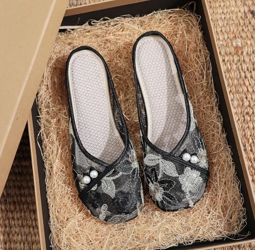 Chinese Slippers for Women Embroidered Mules Mesh Pearl Slip on - Retro Trendy Cute Casual Comfortable Walking Beach Travel Lightweight Running Standing All Day Business Office Driving Birthday Gifts4
