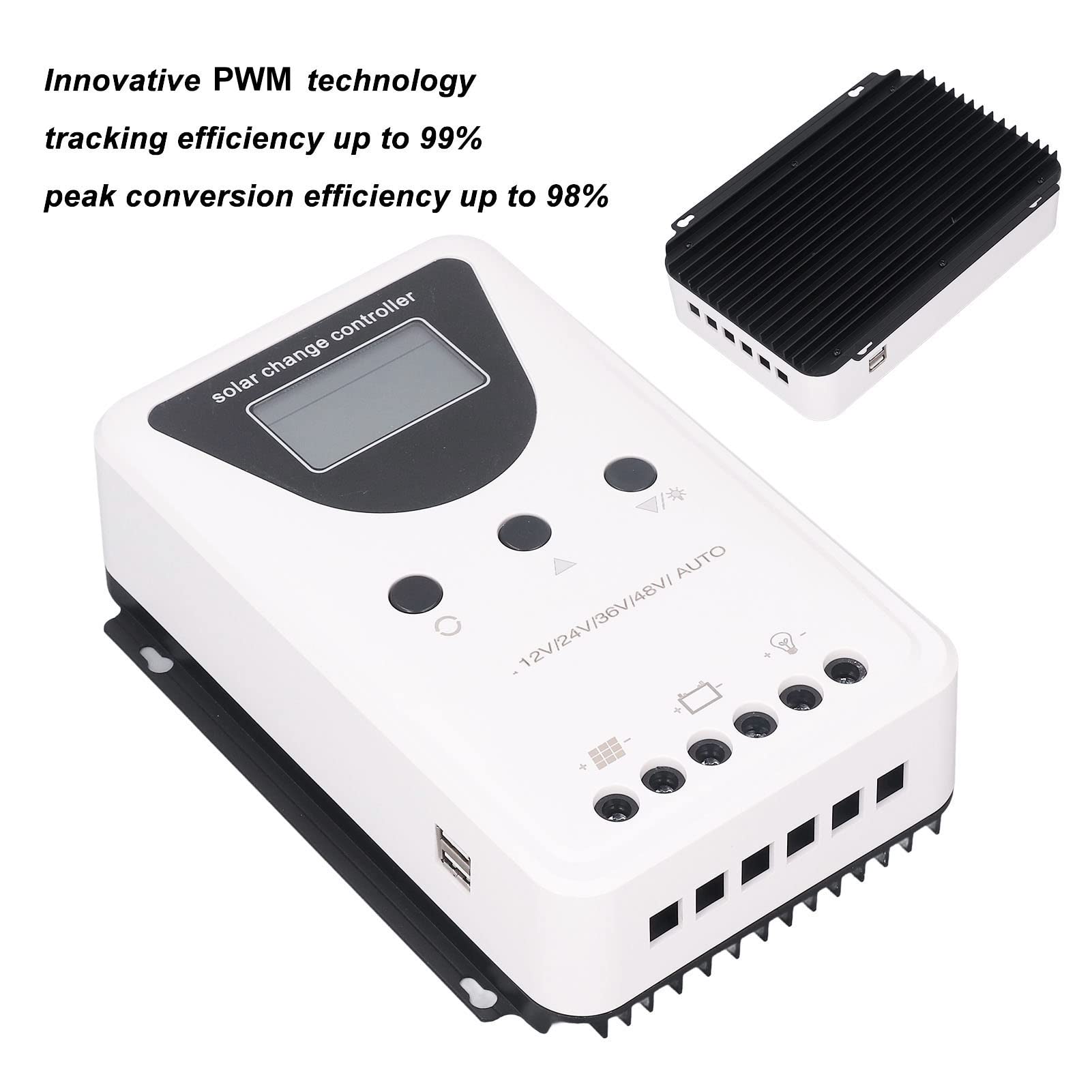 FTVOGUE Kontroler ładowania Słonecznego MPPT, Regulator Panelu Słonecznego ze Stopu Aluminium ABS 60A, 4-stopniowe ładowanie, Automatyczne Wykrywanie 12V 24V 36V 48V, dla Użytkowników Domowego