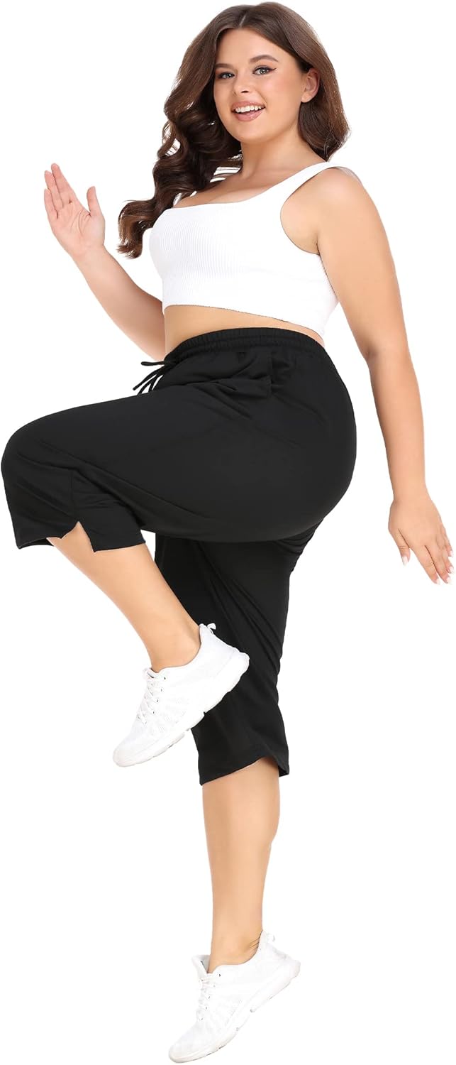 COOTRY Plus Size Capris for Women Loose Drawstring Yoga Workout Sweat Pants with Pockets - Image 2