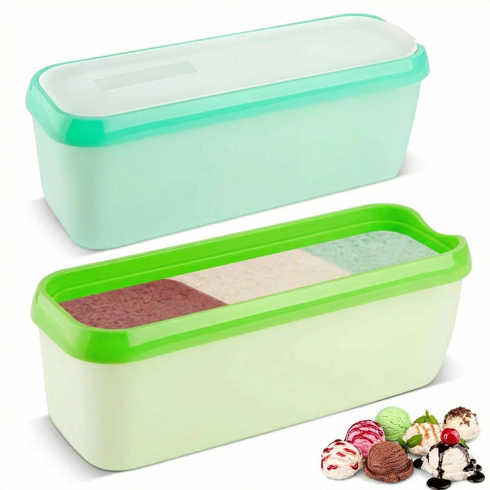 Nymblis Rectangular Ice Cream Tubs, 1.5L Ice Cream Container with Lid, Reusable Freezer Food Storage Containers for Homemade Gelato, Sorbet, Frozen Yoghurt(2 Pack, grass green & Mint Green)