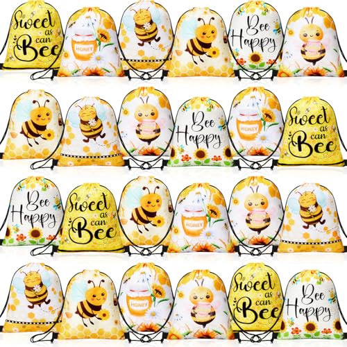 Yeyeplum 24 Pcs Honey Bee Party Favor Bags Bee Themed Drawstring Bags Bee Gift Bag Goodie Candy Sport Sack Gym Cloth Backpack for Animal Party Birthday Baby Shower Party Supplies