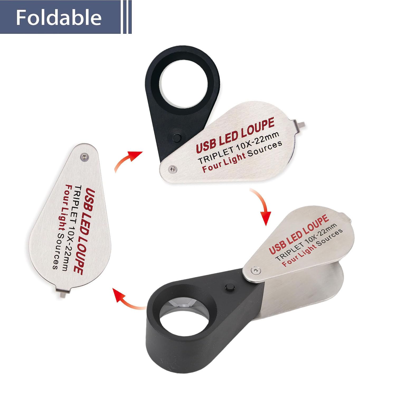 Lupa de joyería recargable por USB con luces UV y LED, cuatro tipos de luz, lupa de ojo iluminada plegable para joyas, piedras preciosas, monedas, sellos, relojes