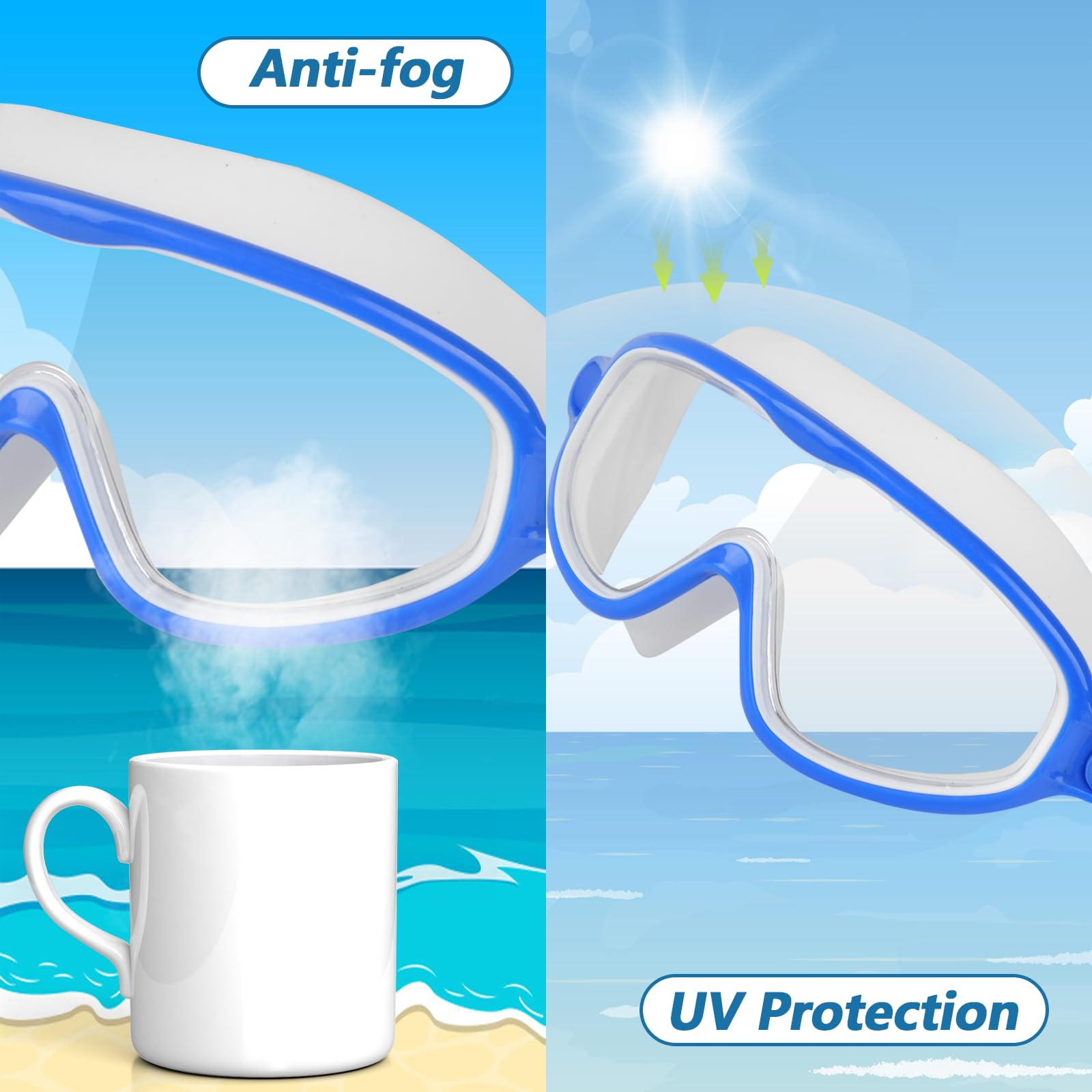Moseem Lot de 2 lunettes de natation pour enfants et adolescents de 3 à 15 ans, anti-buée, anti-UV, vision large claire, imperméables