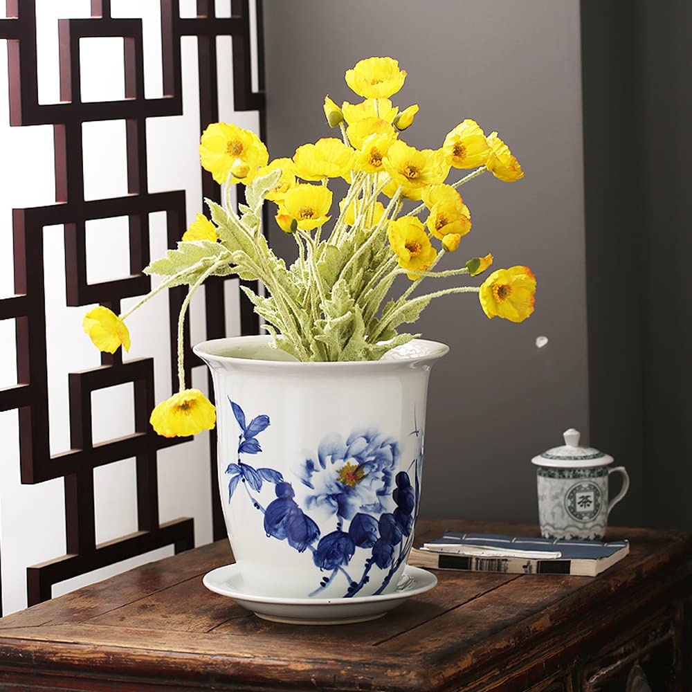 SWENEEN Ceramic Flower Pot Chinese Oriental Blue And White Ceramic Flower Plant Pots Indoor With Porcelain Saucer For Garden And Indoor,Chinoiserie Flower Pot,