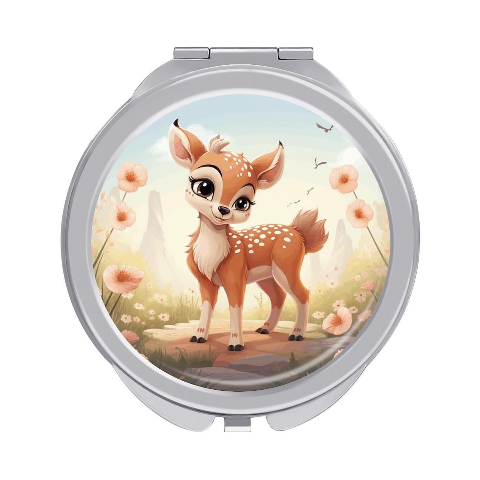 JTREHY Lovely Deer Makeup Mirror Silver Mirror Surface Folding Makeups Mirrors Lightweight Durable Looking Glass for Suitable Traveling Handbag and Purses