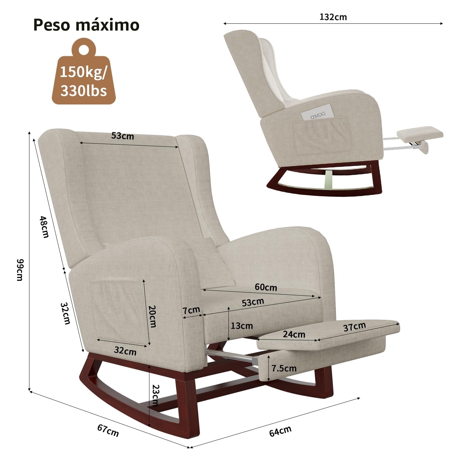 Mecedora para relajarse, sillón balancín, Silla de lactancia, silla basculante con lana de oveja y cojín lumbar y 2 bolsillos laterales,cómoda sillaa de lectura para salón o dormitorio (Beige)