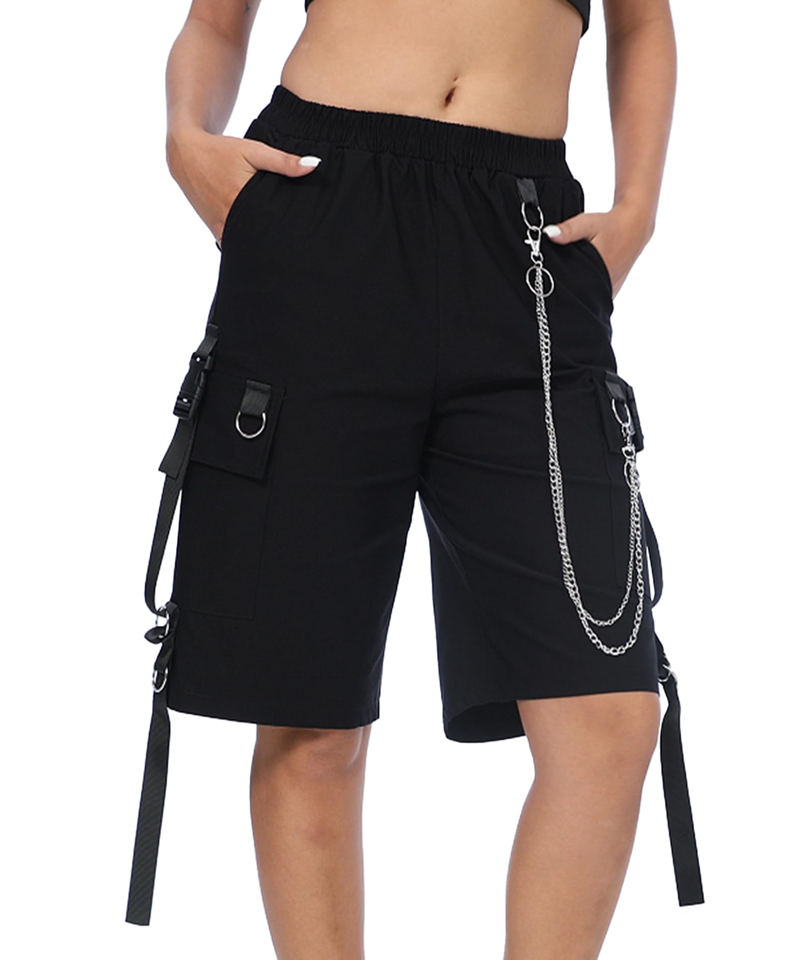 DINGJIUYAN Loose Cargo Shorts with Chain Women Large Pocket Harajuku Short Pants Couple Trendy Summer Hip Hop Goth Shorts