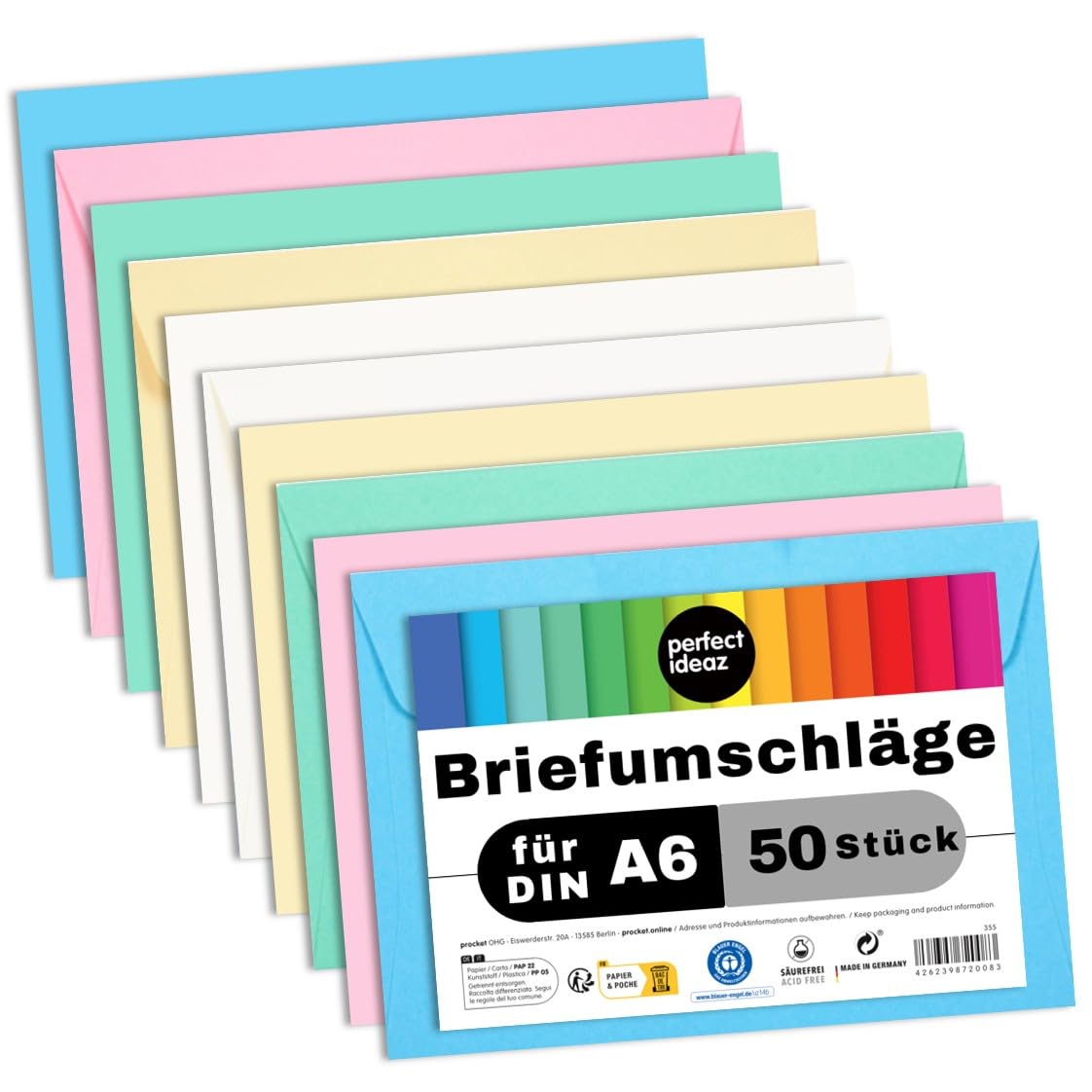 perfect ideaz - 50 kopert pastelowych DIN-C6 bez okienka, do DIN A6 z papieru z recyklingu, 5 kolorów, Made in Germany