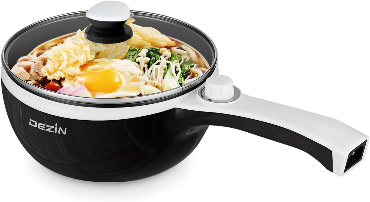 Dezin Hot Pot Electric Upgraded, Non-Stick Sauté Pan, Rapid Noodles Electric Pot, 1.5L Mini Portable Hot Pot for Steak, Egg, Fried Rice, Ramen, Oatmeal, Soup with Power Adjustment 1.5L(Without Steamer) Black. Not Tested