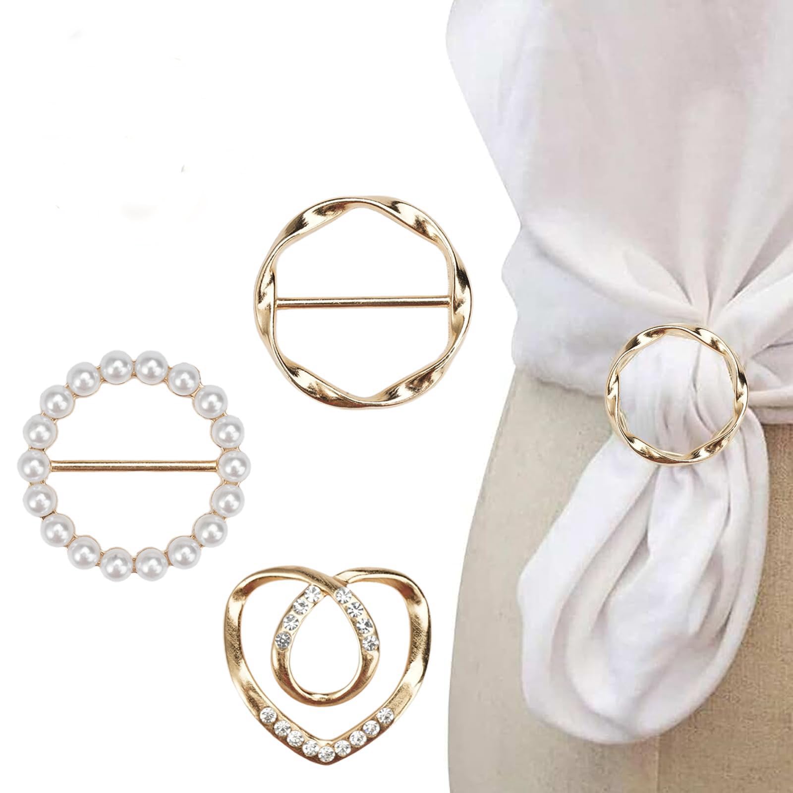 3Pcs Scarf Ring Clip, Metal T-Shirt Clips, Metal Round Circle Clip Clothes Corner Knotted Button, Metal Circle Clothes Corner Knotted Buckle for Women Girls Shirt Dress Sweater Shawl (gold)