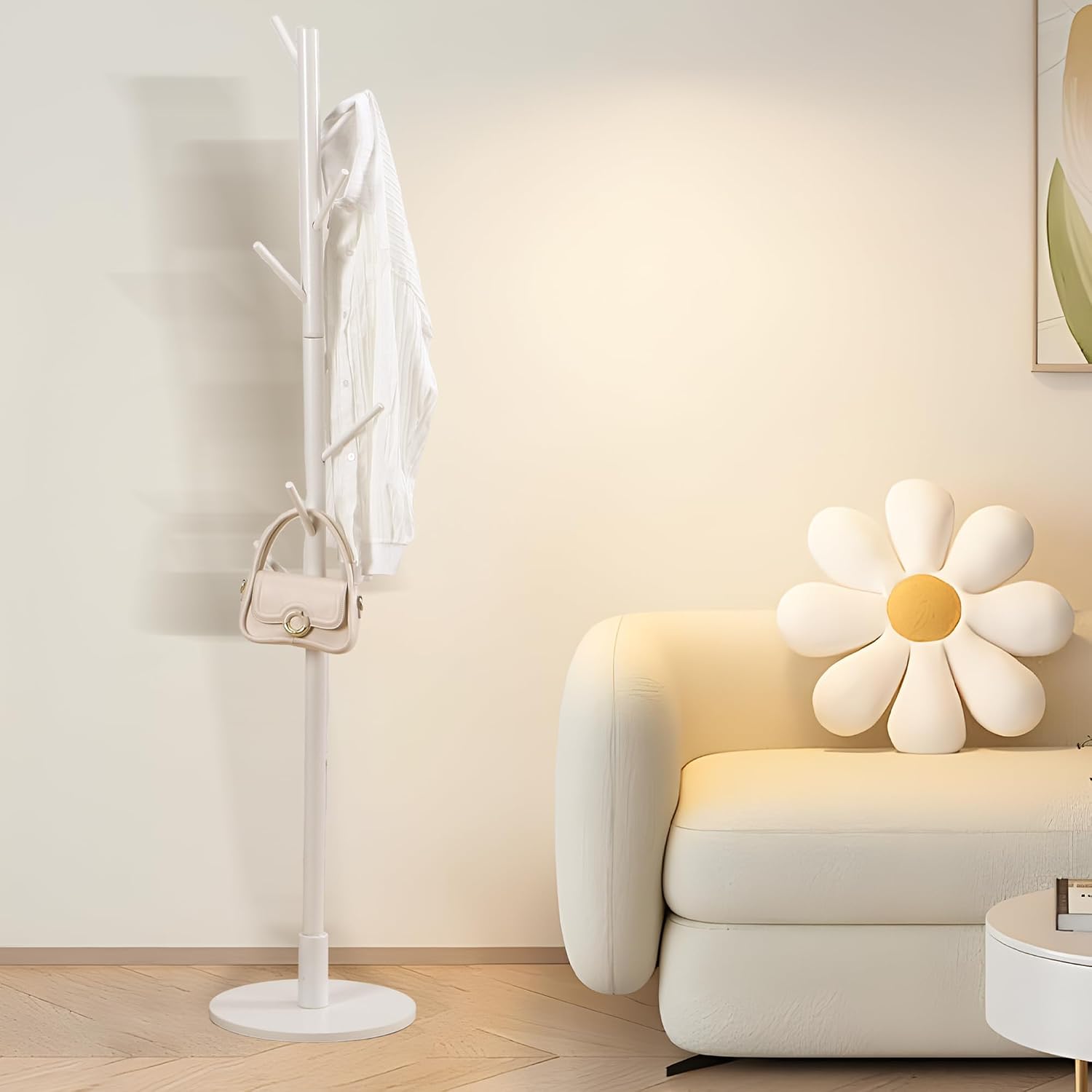 VECELO Coat Rack Freestanding, Entryway Hanger Stand, Umbrella Holder, Hall Tree With Hooks, Floor Standing Metal Tree Stand,White