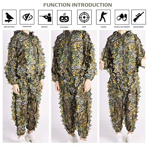 Ghillie Suit 3D Leafy Hooded Camouflage Clothing Outdoor Woodland Hunting Suit Sniper Costume Camo Outfit for Jungle Hunting, Military Game, Wildlife Photography, Halloween (Height 5.9-6.2 ft) - Thumbnail 4