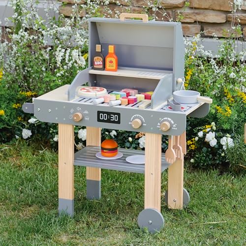 Leeshyah Wooden Kids Grill Playset Realistic Play Barbecue Set with Grilling Tools and Foods Pretend Grill Toy for Kids Ages 3+
