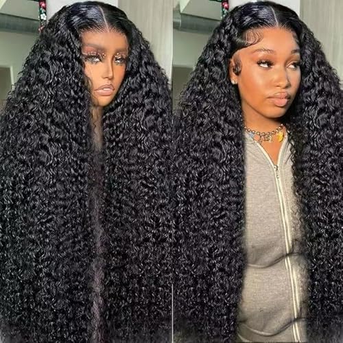 BJVT 13x6 Deep Wave Lace Front Wigs Human Hair Wigs for Women 200 Density HD Transparent Deep Curly Lace Frontal Wigs Human Hair Pre Plucked with Baby Hair Natural Color 36 Inch