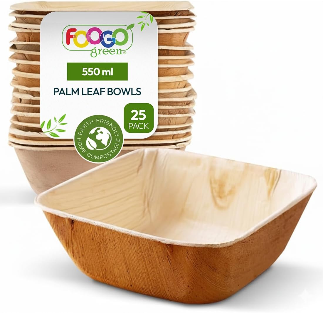 FOOGO Green 25pcs Disposable Palm Leaf Bowls, 5" (13cm) 19.4oz (550ml), for Soup, Desserts & Salad, Deep Square, Sturdy Eco Friendly Biodegradable, Bamboo, Wooden and Paper Bowls for Hot Food