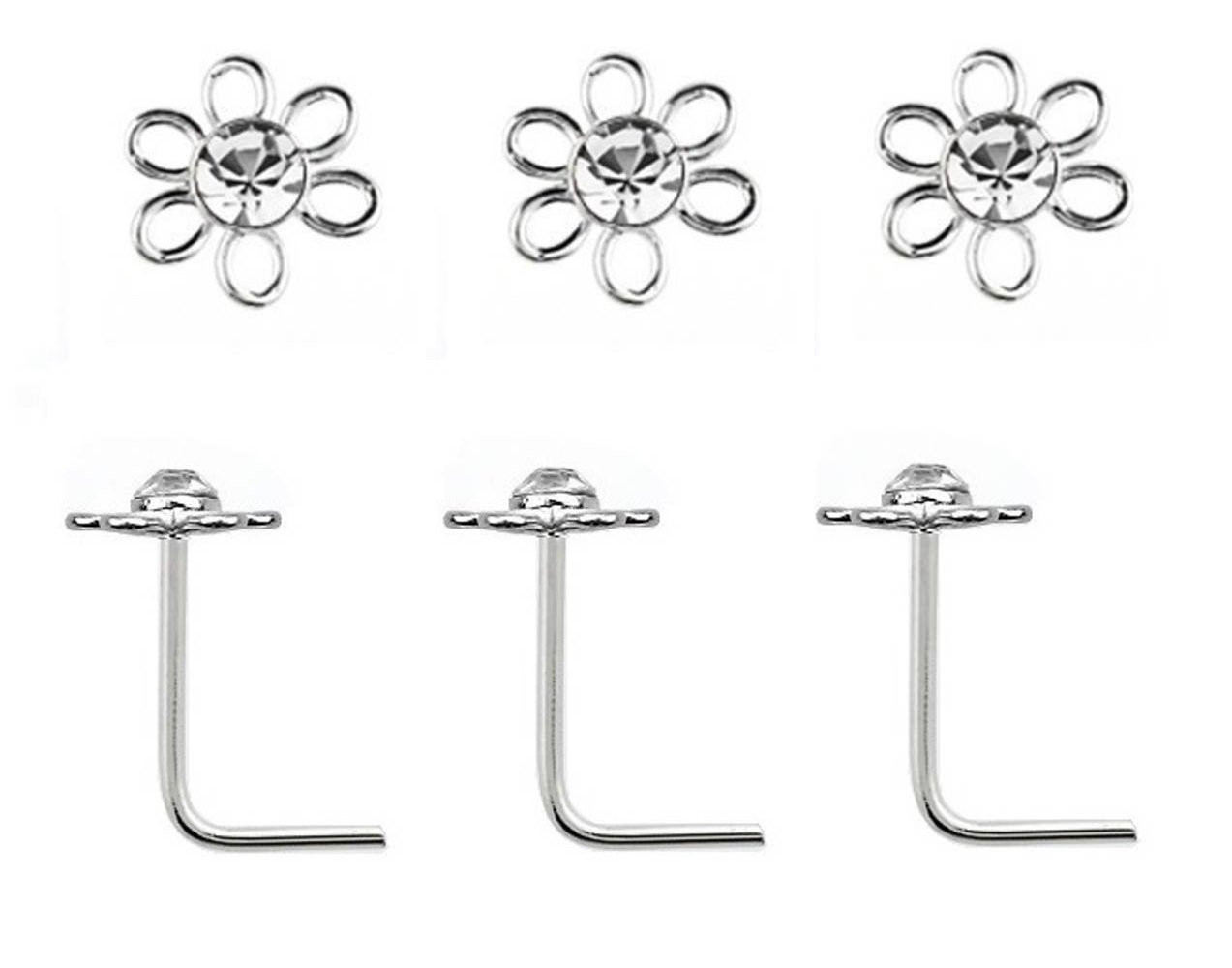 Classically SilverSet of 3 Flower Nose Studs 925 L Shape Thin 0.6mm Bar