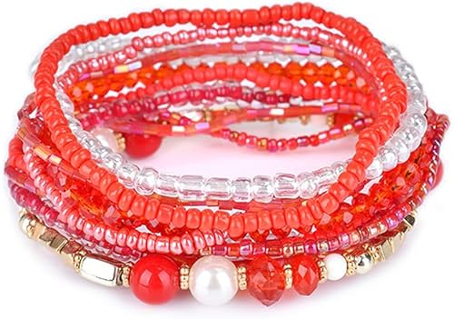 Caiyao Pulseras bohemias apilables de cuentas para mujer, pulseras de cuentas elásticas multicolor, pulsera de cuentas en capas, rosa, negro y rojo,