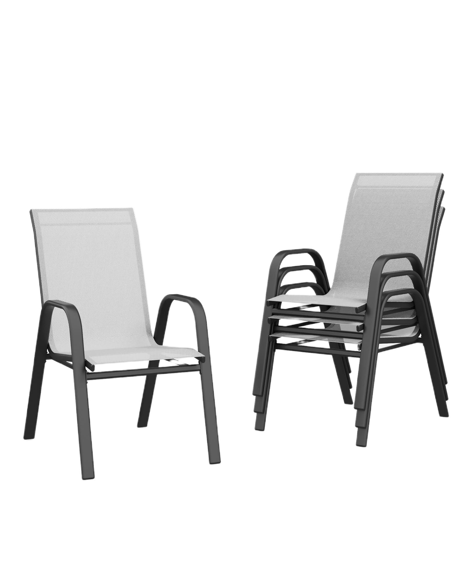 Litake Sillas apilables de jardín para Exterior – Estructura de Metal Resistente y textilene Gris Transpirable – Fáciles de Limpiar, Modernas y cómodas – Set de 4 – para Patio, terraza y balcón –