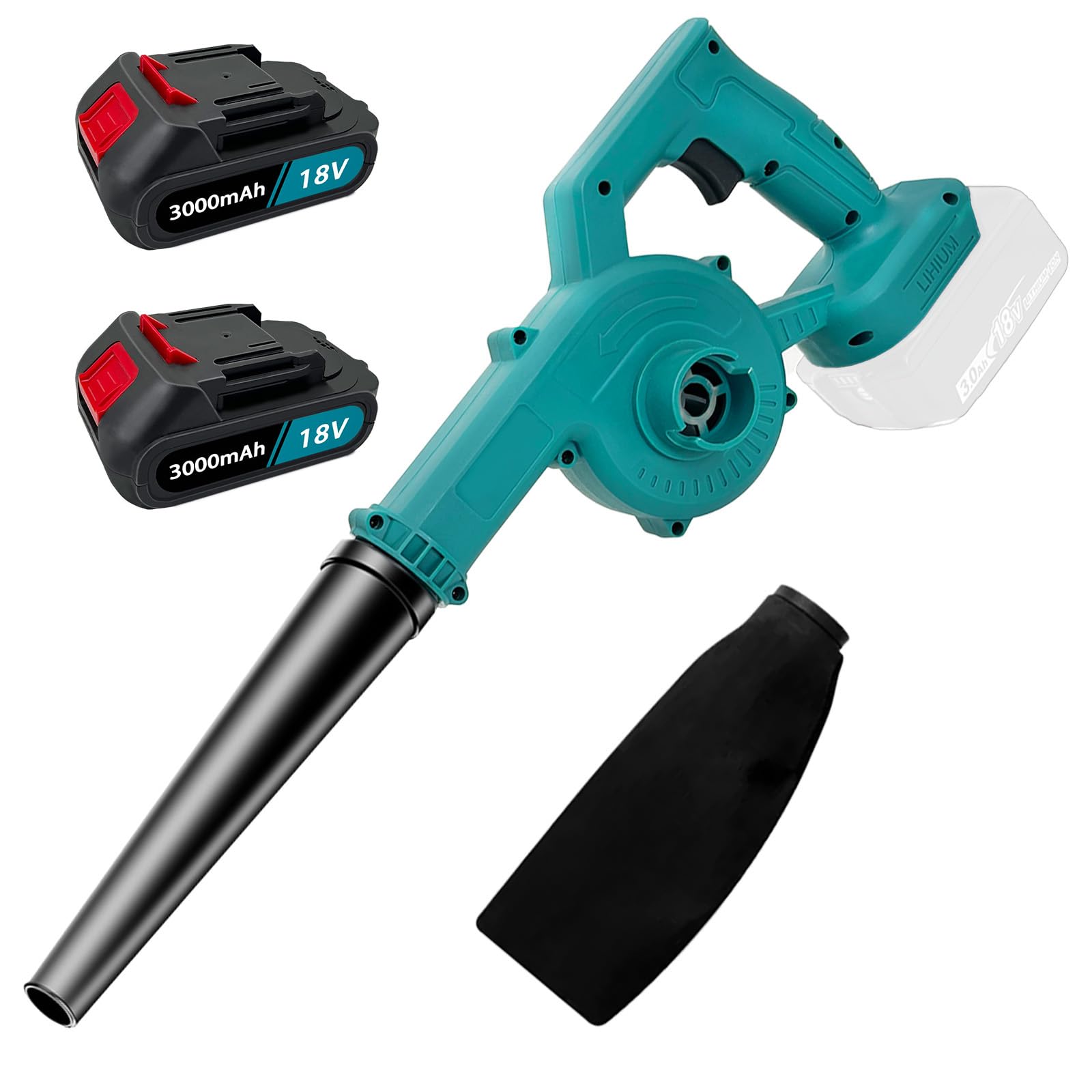 Soplador de hojas con batería, 18 V, portátil, inalámbrico, con 2 baterías de 3000 mAh, 32000 rpm, 180 km/h de velocidad máxima de aire, soplador de jardín para hojas, barbacoa, taller y coche