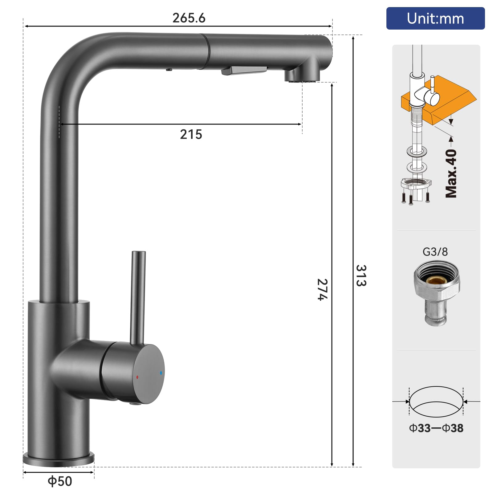 Robinet de cuisine noir anthracite - Robinet de cuisine extensible haute pression - Mitigeur de cuisine avec douchette - Deux types de jet d'eau - Robinet d'évier en acier inoxydable