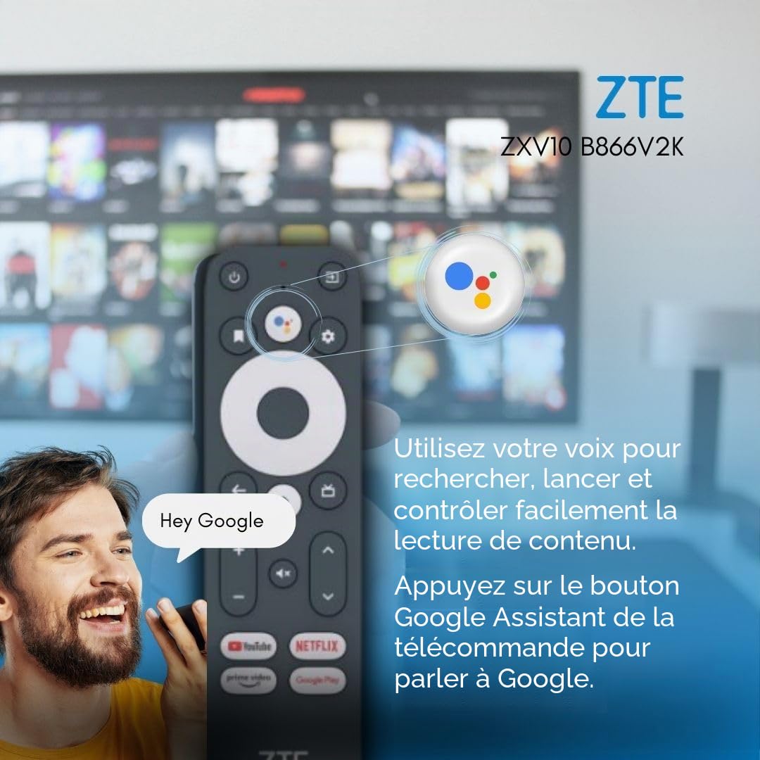 Boîtier Android TV ZTE 4K Android TV 10 | WiFi | Bluetooth 5.0 | Contrôle vocal Google Assistance | Compatible avec Chromecast | Compatible avec YouTube, Netflix, Prime Video