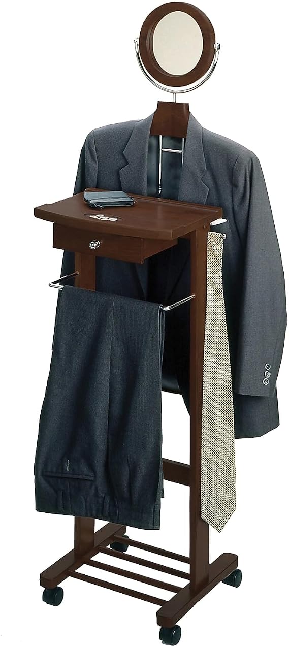 Winsome Wood Valet Stand With Mirror, Drawer, Tie Hook, Casters, Antique Walnut (94155)