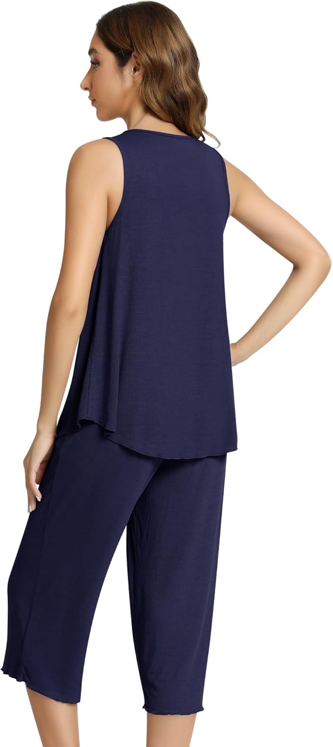 NACHILA Womens Pajamas-Viscose Made from Bamboo, Sleeveless Sleepwear Ribbed Tank Top Capri Pants Pajama Set Cool Pleated Pjs - Image 3