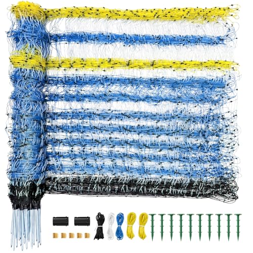 Electric Fence Netting 49.6 H x 164 L Portable Livestock Electric Net Fencing for Goats Sheep Hogs Deer & Dogs Highly Visible Blue Mesh with Double Spike Posts for Backyard Farm & Homestead