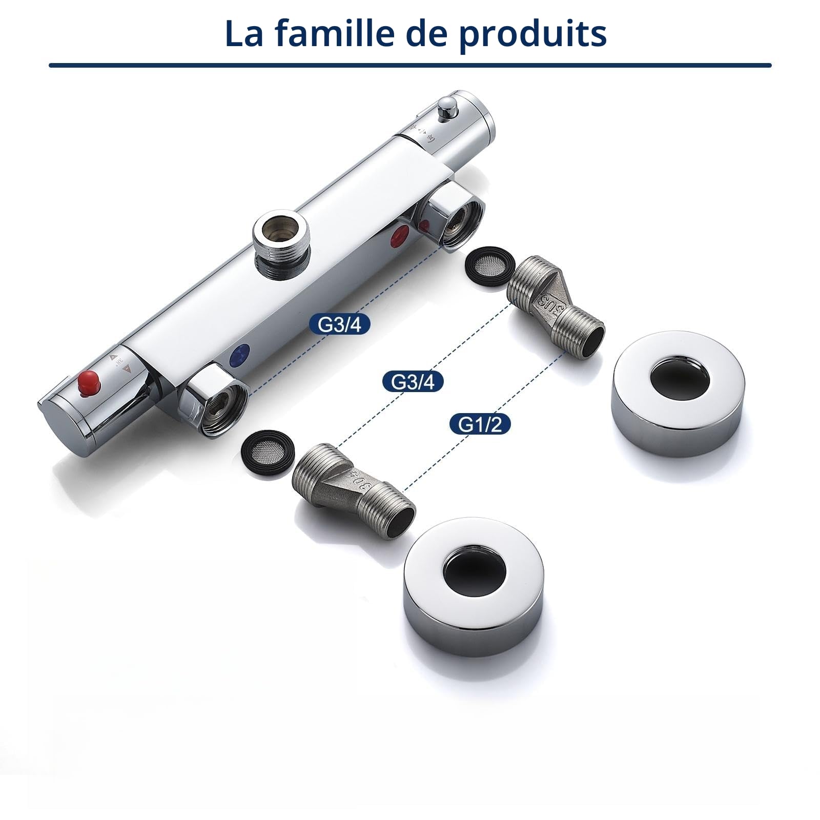 Robinet de douche avec thermostat, 2 sorties, mitigeur de douche, robinet de douche supérieur 3/4" BSP (26,4 mm) + bas 1/2" BSP (21 mm), laiton, anti-brûlure, thermostat de douche chromé