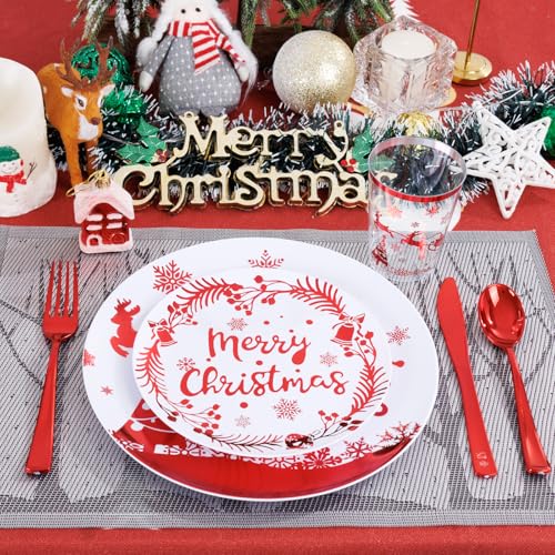 EI 150pcs Christmas Red and White Plastic Plates,Christmas Disposable Plates with Santa and Moose,Plastic Silverware,Clear and Red Cups for Xmas Party and New Year Party – Image 3