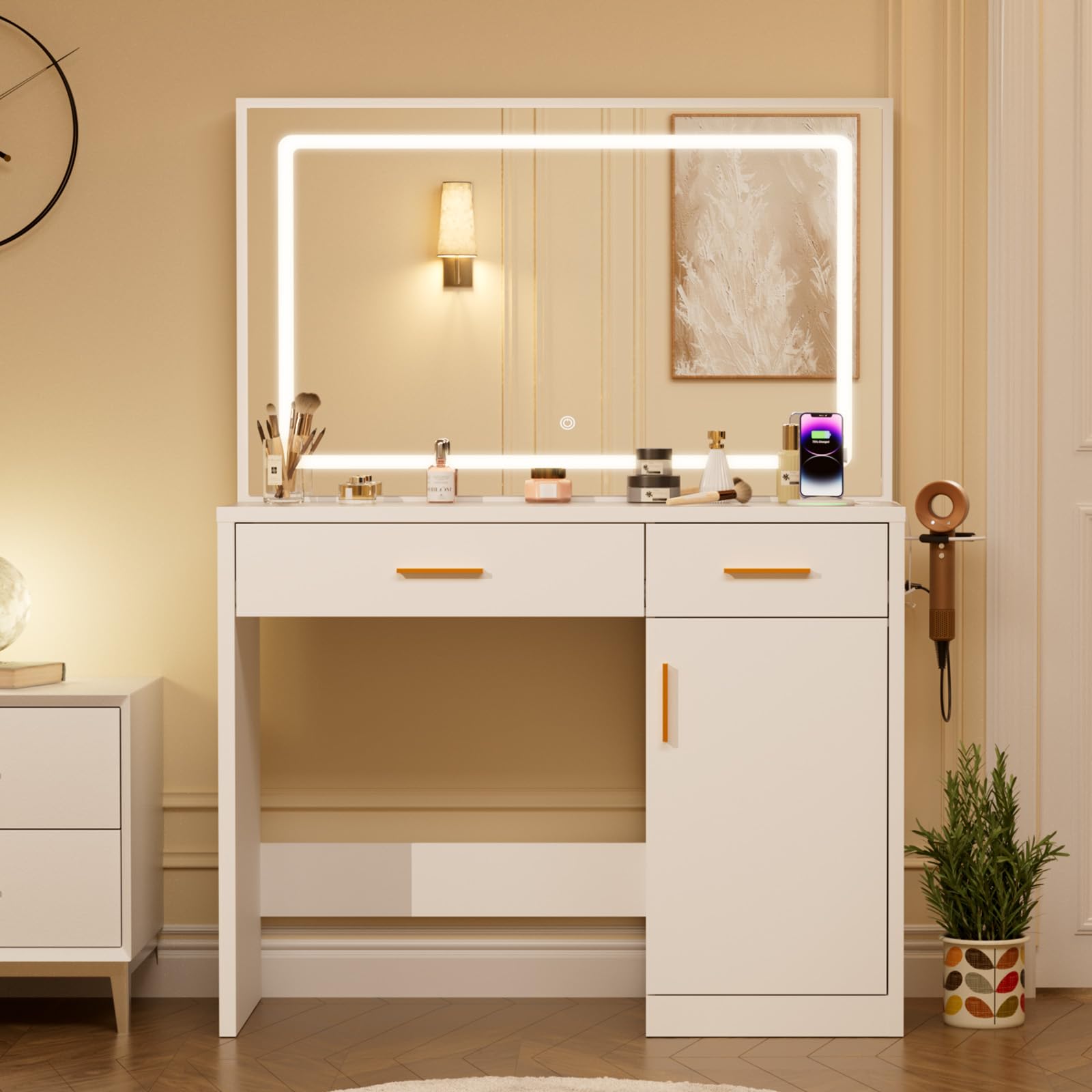 Photo 1 of DUMOS Vanity Desk with 35.4" LED Mirror and Lights, Makeup Vanity Table with Charging Station (2AC/USB/C), 2 Drawers & Large Cabinet, 3 Lighting Color Adjustable, Modern Dressing Table, White