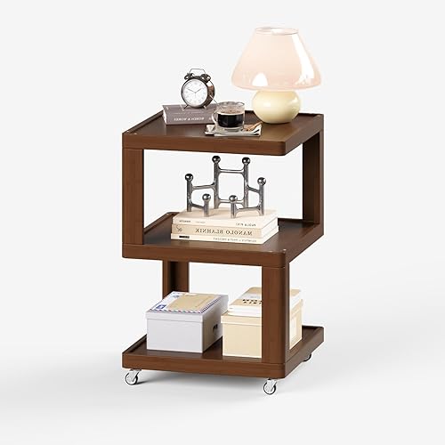 Miniatura 3 de COMASACH Mesa auxiliar de bambú de madera maciza con estantes de almacenamiento, mesa auxiliar de sofá de 3 niveles con ruedas, mesita de noche
