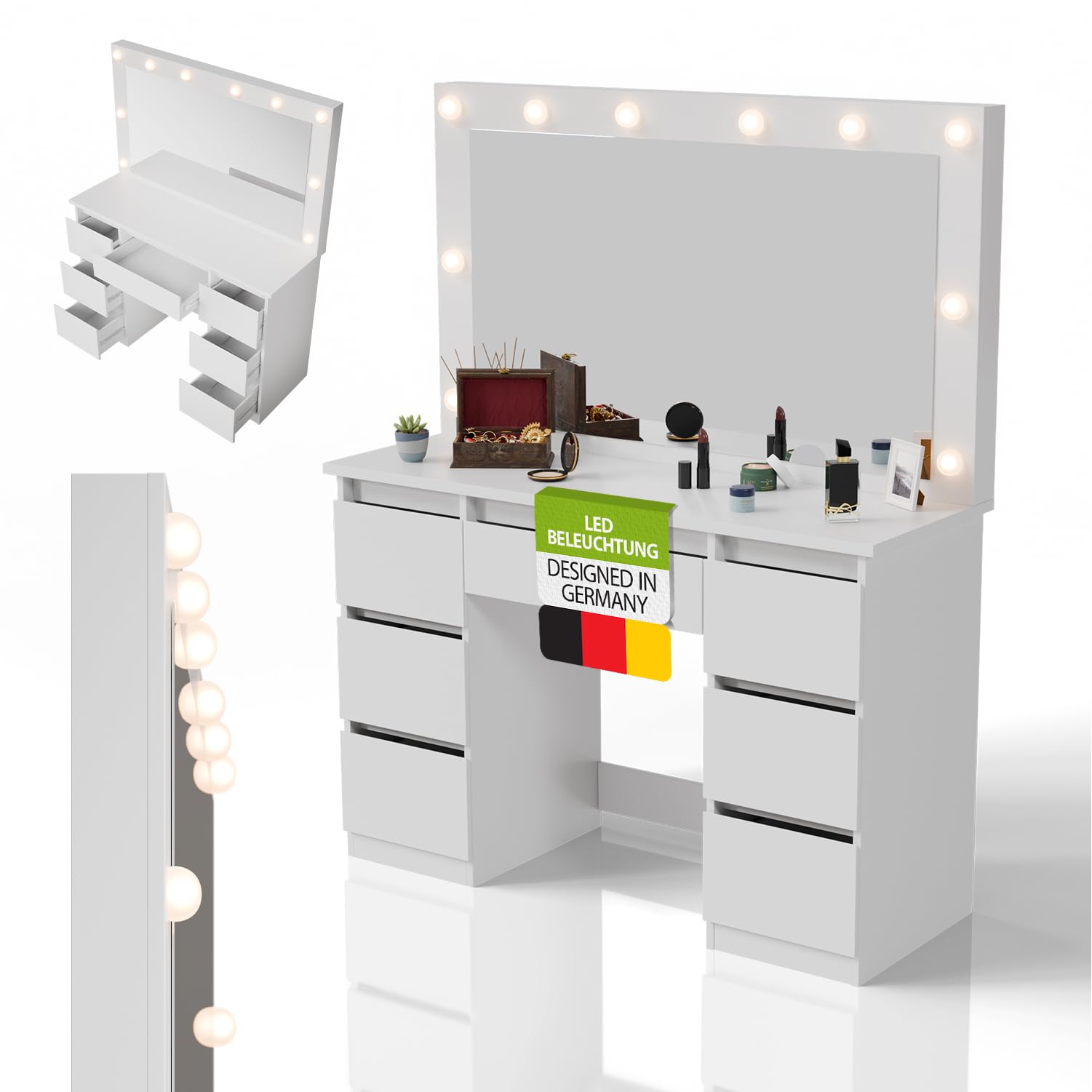 Juskys Toeletta Lilia con specchio LED, 7 cassetti, 3 livelli di luce, molto spazio, design moderno, compatta e facile da pulire per il trucco – Bianco