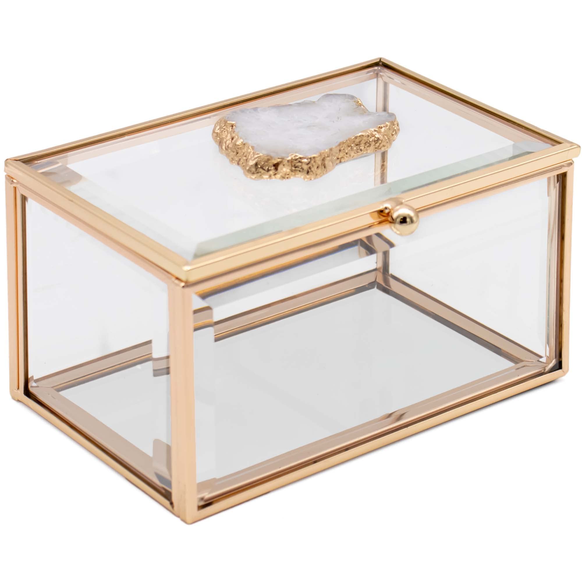 Golden Vintage Rectangular Jewellery Display Box with All-Natural Agate Stone, Decorative Keepsake Jewelry Accessory Storage Organizer, Glass Jewellery Case Lidded Box for Necklaces Bracelets Earrings