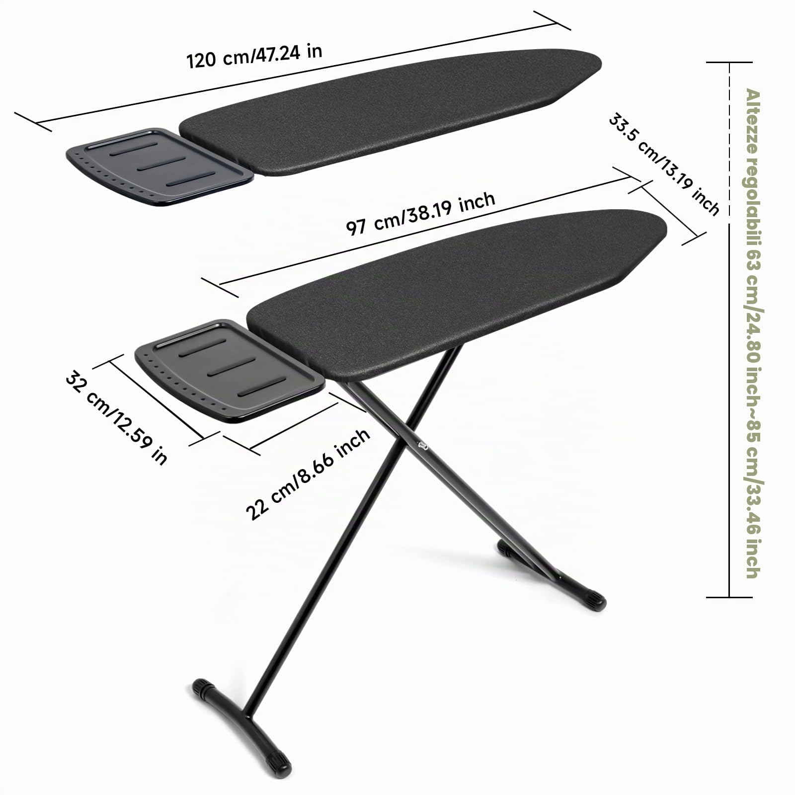 Duwee Asse da stiro 33 x 96 cm con rivestimento resistente al calore e schiuma da 10 mm, asse da stiro compatta con poggia ferro da stiro a vapore in silicone, altezza regolabile, nero