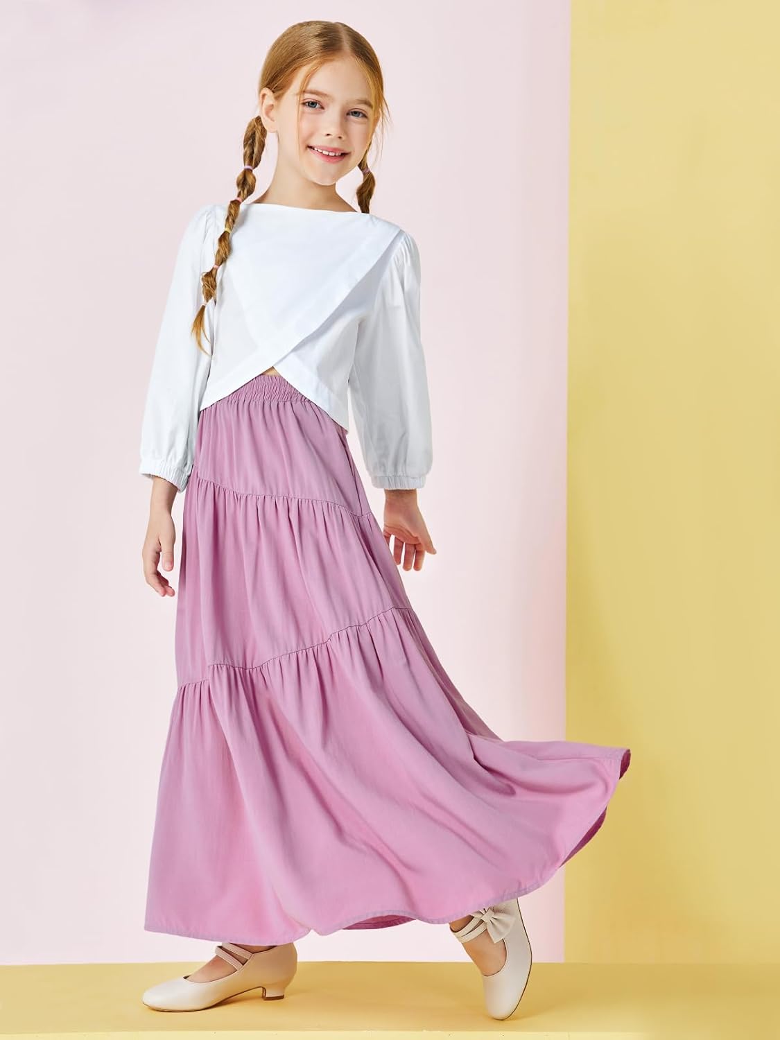 Haloumoning Girls Elastic High Waist Maxi Skirt Boho A-Line Tiered Pleated Long Skirts with Pockets 5-14 Years - Image 3