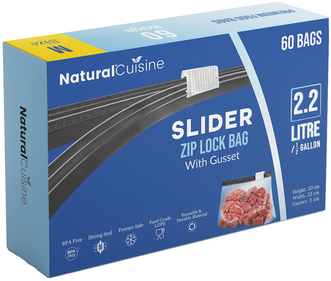 60 x Slider Food Zip Lock Storage Freezer Bags โ Expandable Gusset, BPA Free, Reusable, Strong Seal Food Bags 2.2 Litre Medium Bags โ image 1