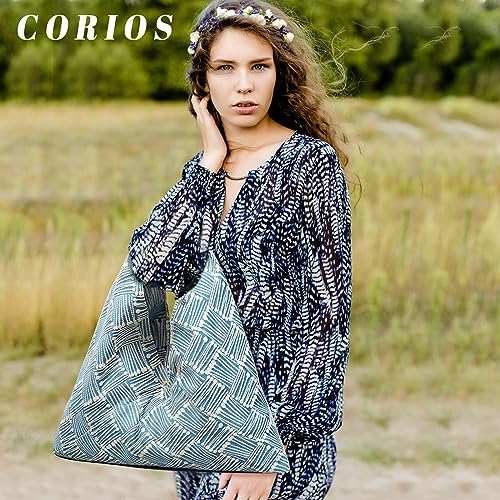 Image of CORIOS Canvas Handbag for Women - Ethnic Style Tote Top Handle Summer Beach Large Shoulder Bag