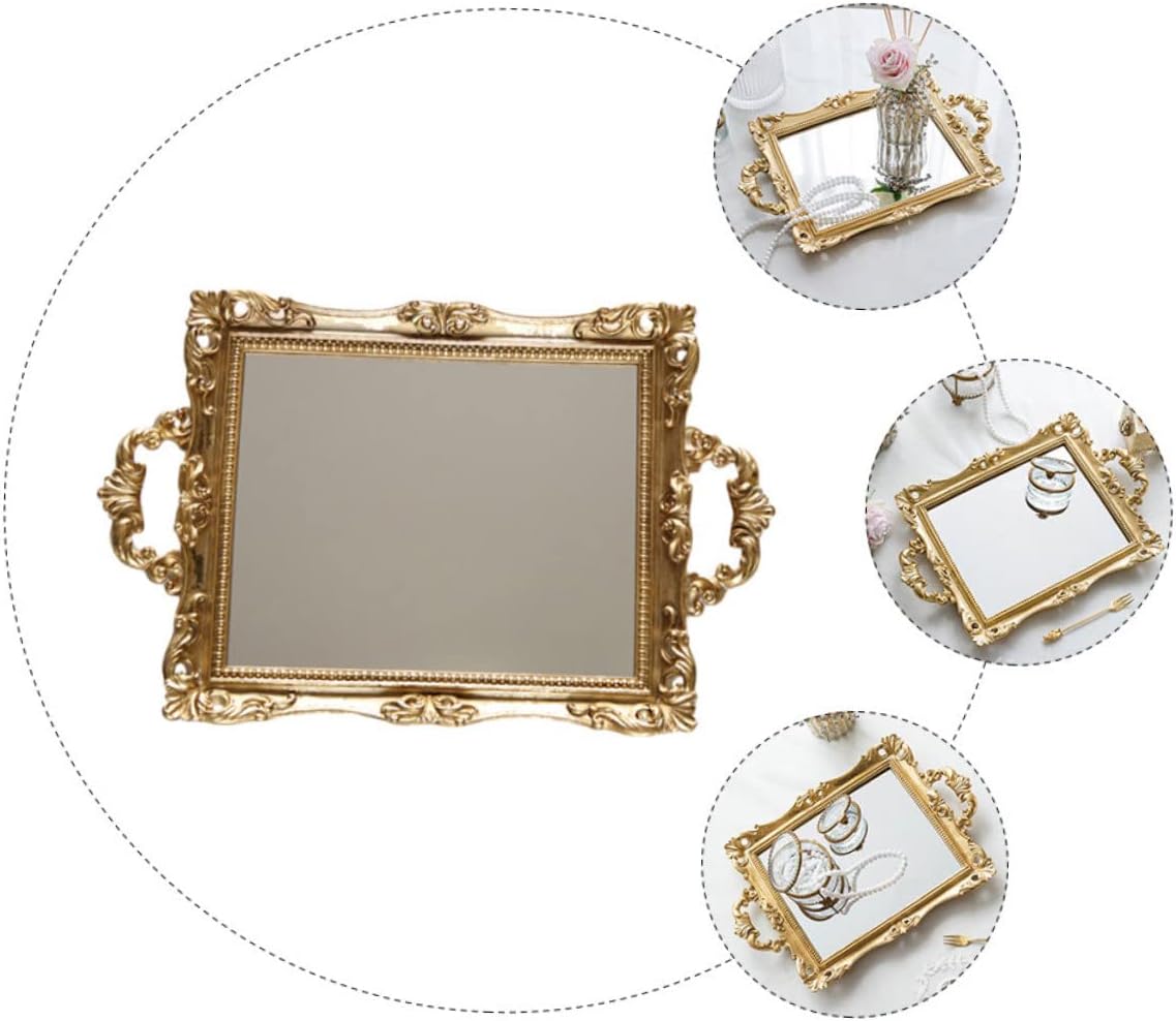 Garneck Vintage Nordic Style Carved Mirror Tray Resin Wedding Storage Decorative Ornament for Home Vanity Jewelry Organization