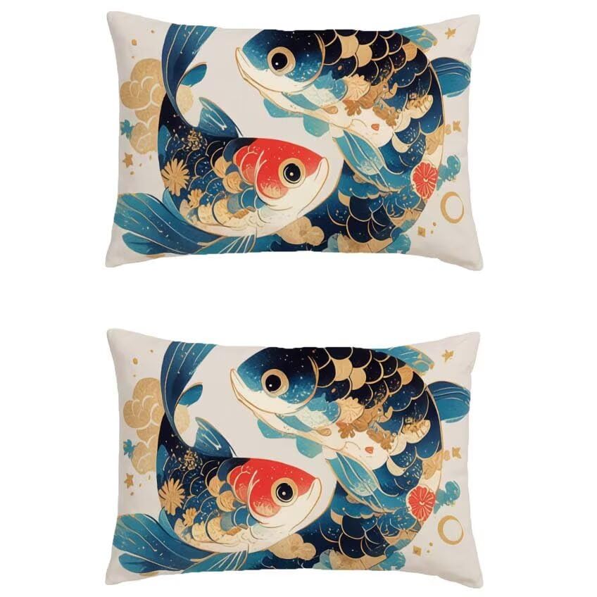 Housse de coussin 60x90cm imperméable en lin bleu marine à motif poisson pour déco extérieure