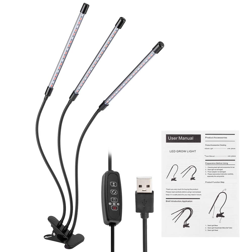 Duokon Grow Light 30W USB 3-Röhren Flexible LED-Pflanze Grow Light Vollspektrum-Growlampe mit Clip für Zimmerpflanzen