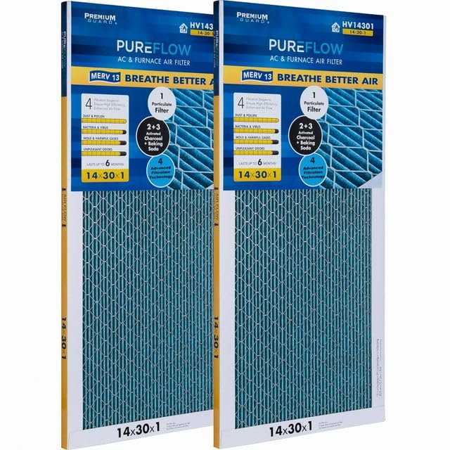 Filtro de aire 14x30x1 MERV-13 PureFlow para horno casero, tecnología de 4 capas, paquete doble