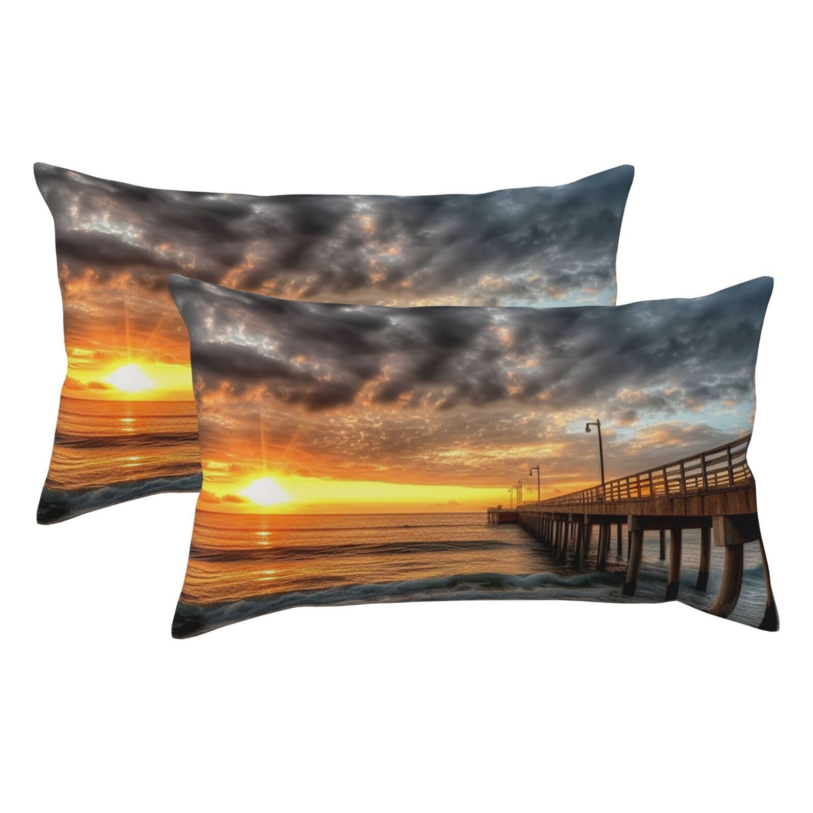 2 Pack King Pillow Cases with Hidden Zipper, Soft Breathable Pillow Covers for Hair and Skin, Beach Sea Bridge Clouds Sunset Pillowcases 20"x36" Bed Pillow Protectors Cover for Sleeping Gifts