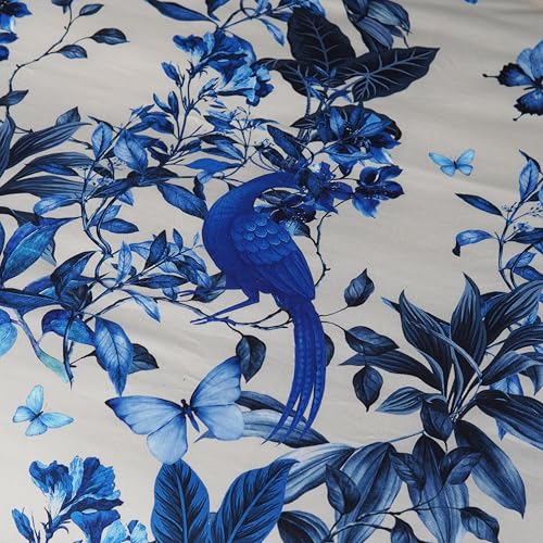 Image of Digitally Printed Premium Bedsheet Set | 300 TC 100% Cotton 1 Queen Bedsheet Set | Extra Smoothness with Sateen Weave| Blue Bird Bedsheet Set (1 Flat Sheet + 2 Pillow Cases)