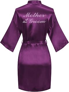Women's Short Satin Kimono Robes One Size Silver Rhinestones Bride Bridesmaid for Wedding Party Getting Ready