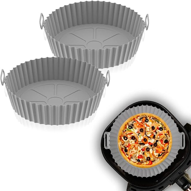 ZARYN Silicone Air Fryer Liner-Food Safe Easy Cleaning Airfryer-Air Fryer Liners Suitable for Most Fryers-Heat Resistant Reusable Airfryer Liners for Microwave Oven-Pack of 2 (Grey)