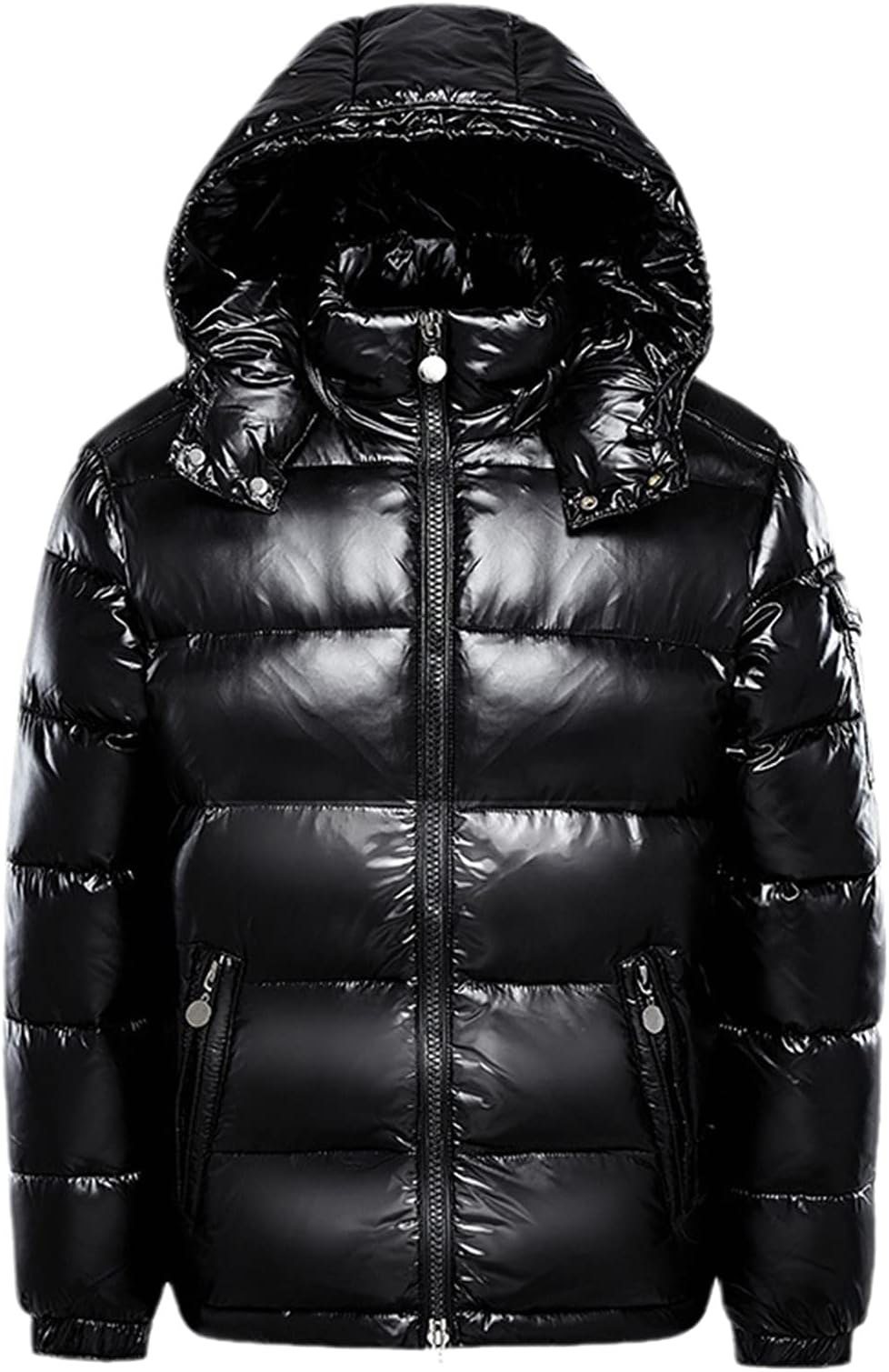 Men Warm Down Jackets Solid Color Winter Snow Down Jackets Hooded Zipper Metal Shining Windbreaker Parka