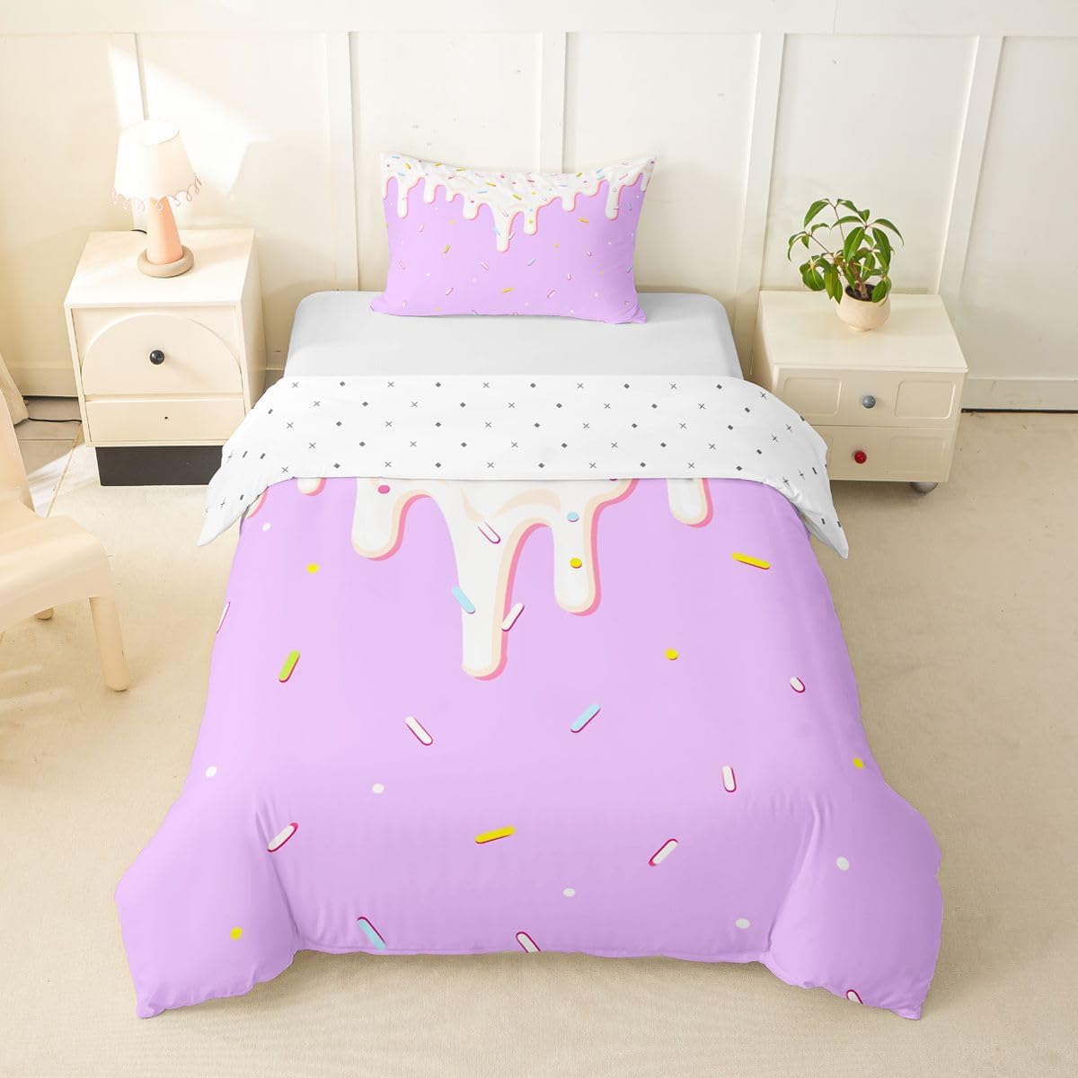 Erosebridal Yummy Food Cake Duvet Cover Set White Ice Cream Drip Girl Toddler Bedding Set for Little Boys Cartoon Candy Watercolor Comforter Cover Girls Decor Kawaii Cute Bed Sets